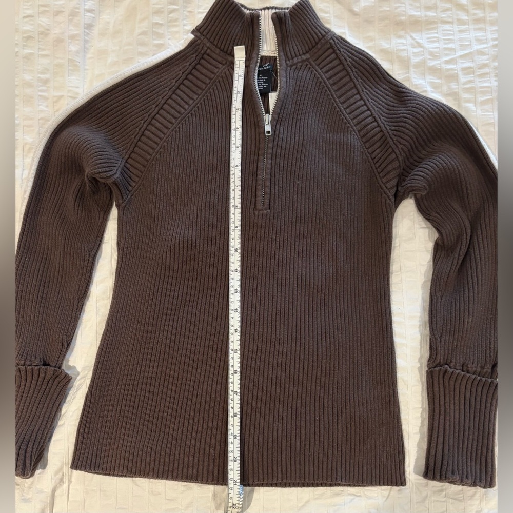 VINTAGE 90’s Brown Ribbed Half-Zip Sweater Made in Macau Chunky Stretch Knit M - Picture 5 of 6